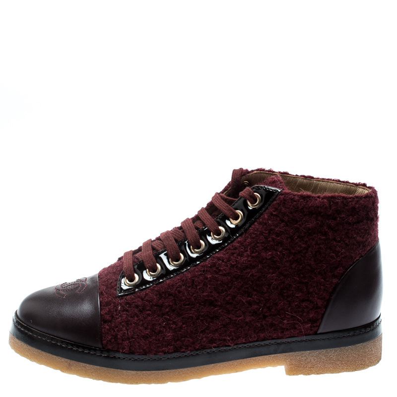 

Chanel Burgundy Tweed And Leather CC Cap Toe High Top Sneakers Size
