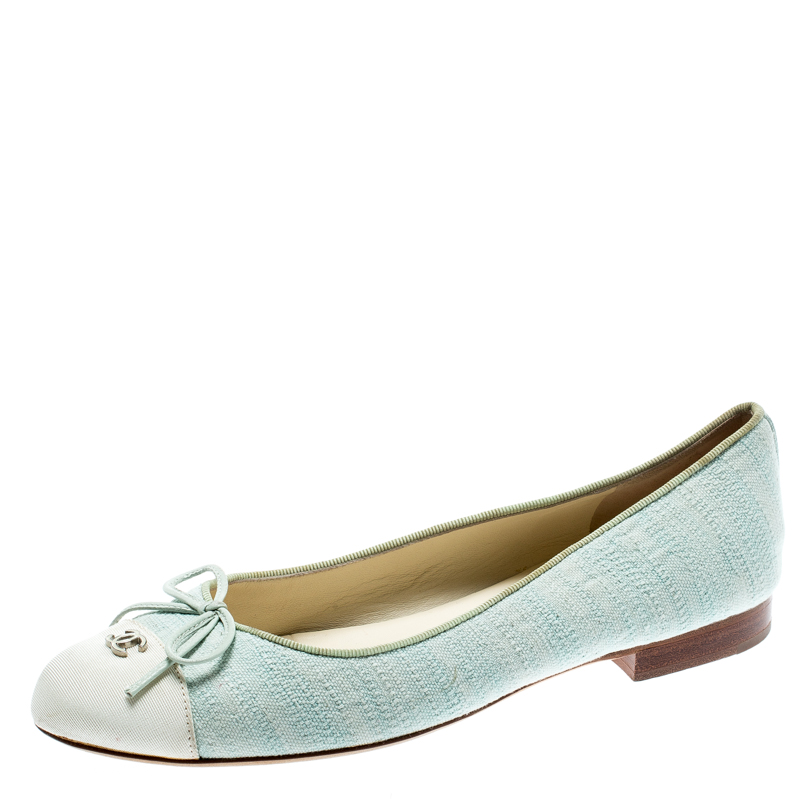 Chanel Light Green Canvas White Cap Toe CC Bow Ballet Flats Size 36.5 ...