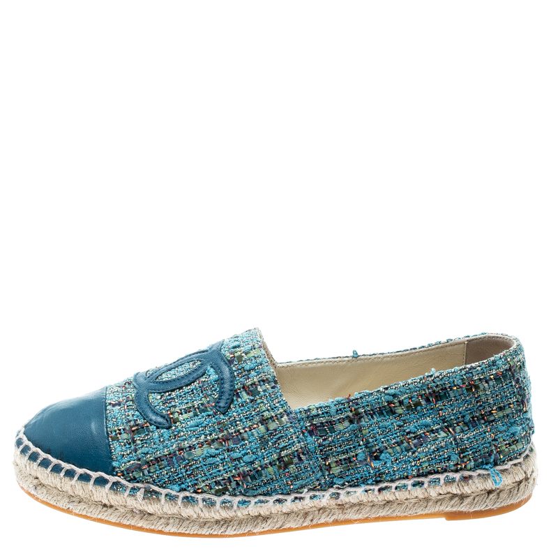 

Chanel Blue Tweed With CC Leather Cap Toe Espadrilles Size