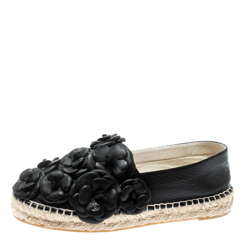 

Chanel Black Leather CC Camellia Espadrilles Size