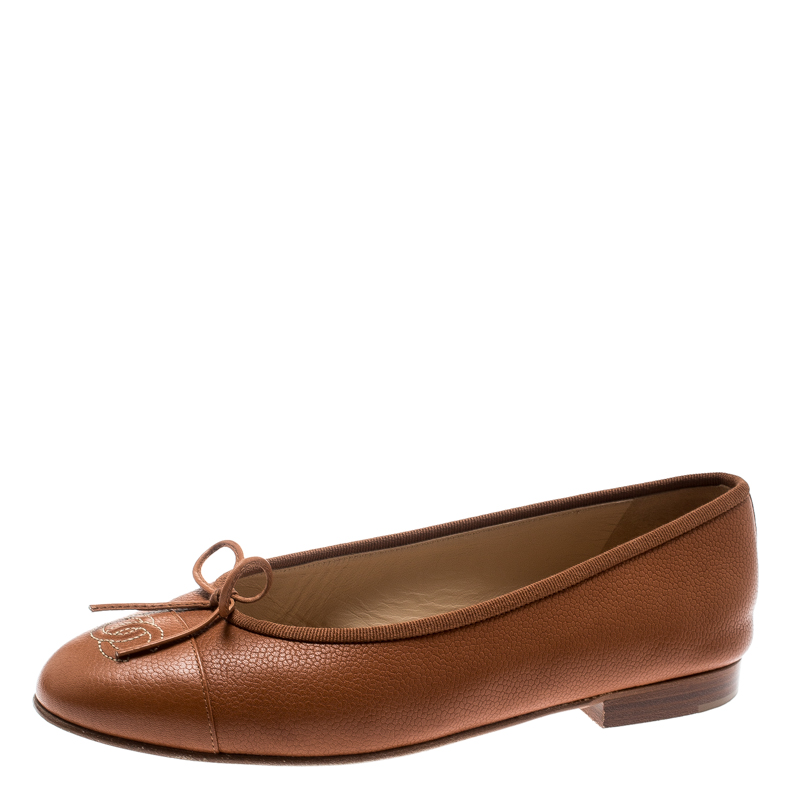 Chanel Brown Leather CC Bow Ballet Flats Size 37