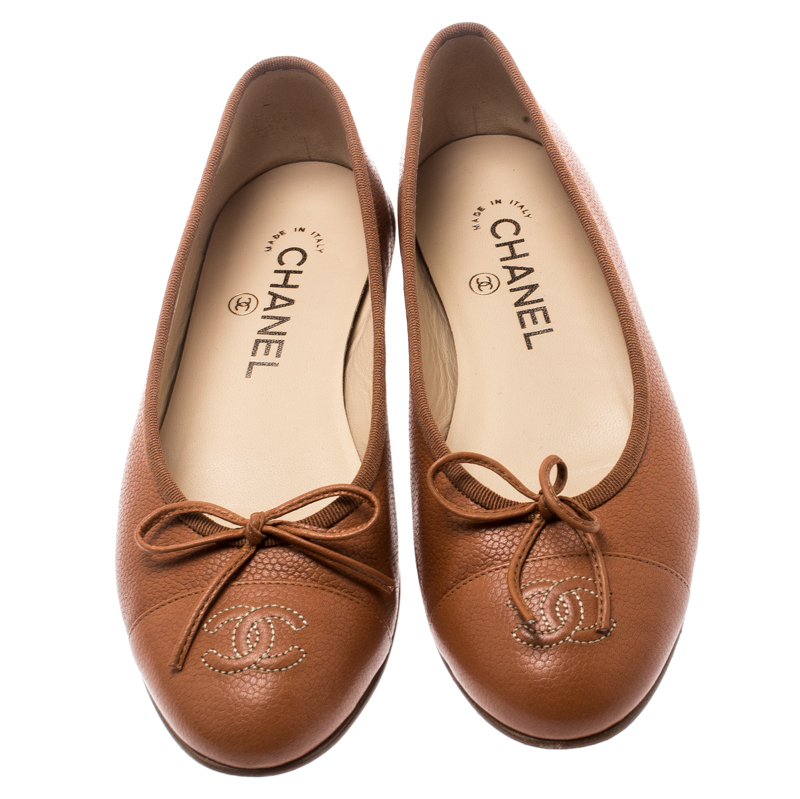 Chanel Brown Leather CC Bow Ballet Flats Size 37 Chanel