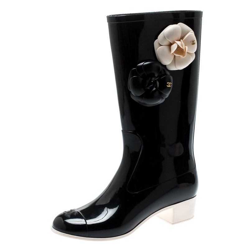 Chanel Black Rubber Camellia Embellished CC Rain Boots Size 36 Chanel | TLC