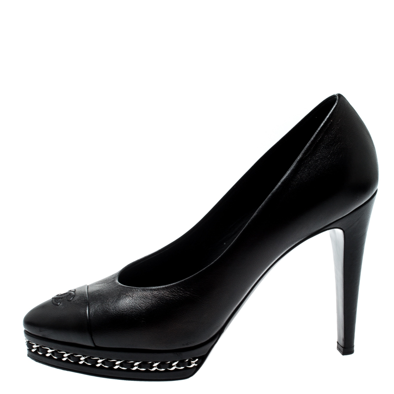 

Chanel Black Leather CC Cap Toe Chain Detail Platform Pumps Size