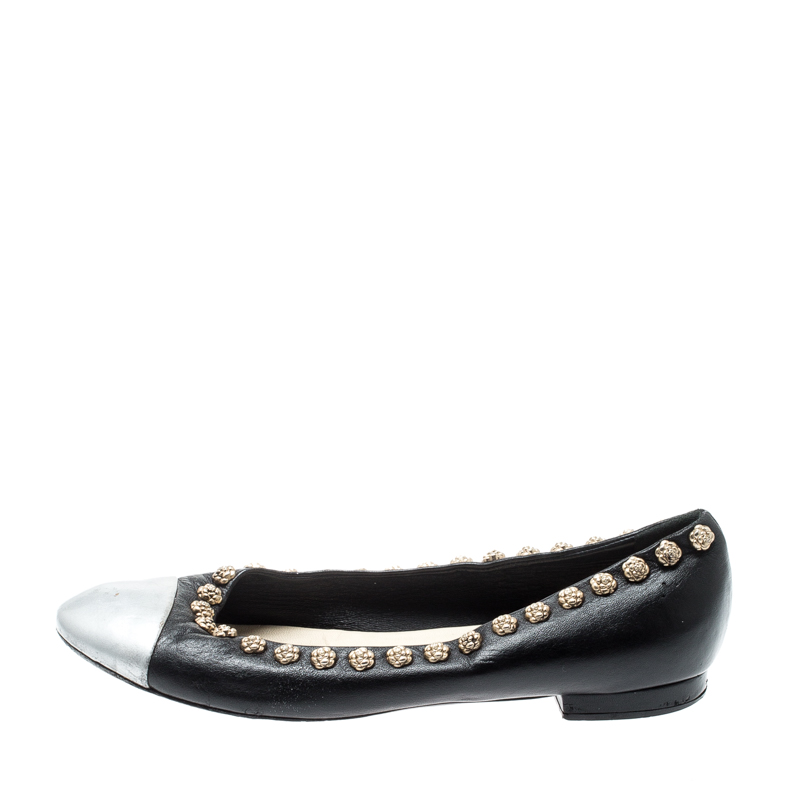 

Chanel Black Leather Silver Cap Toe Camellia Studded Ballet Flats Size