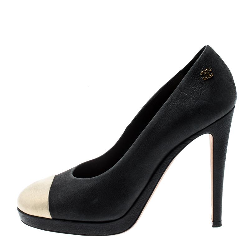 

Chanel Two Tone Leather Cap Toe Platform Pumps Size, Black