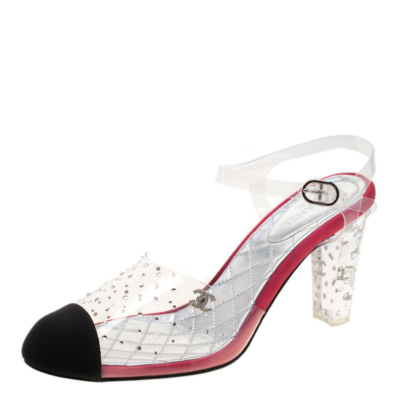 Chanel Tricolor PVC And Fabric Cap Toe Slingback Sandals Size 38.5