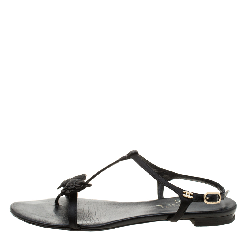 

Chanel Black Satin Bow Thong Ankle Strap Flat Sandals Size