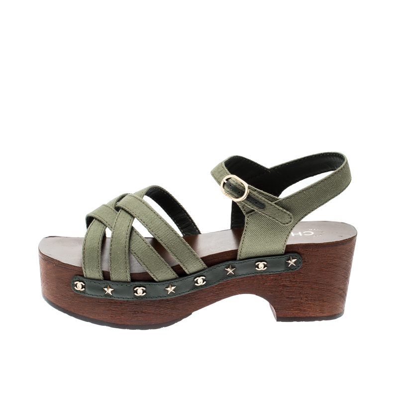 

Chanel Green Canvas Crisscross Ankle Strap Platform Sandals Size