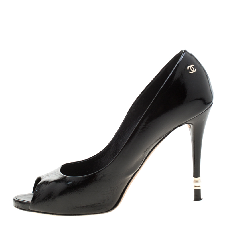 

Chanel Black Patent Leather Peep Toe Pumps Size