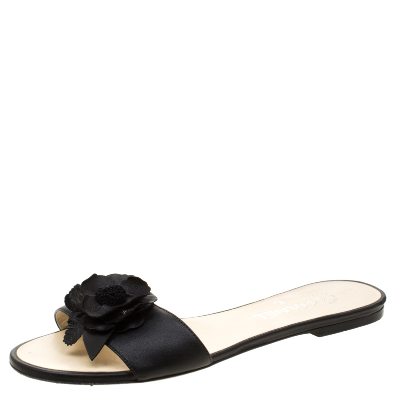 Chanel Black Camellia Embellished Leather Slide Size 39