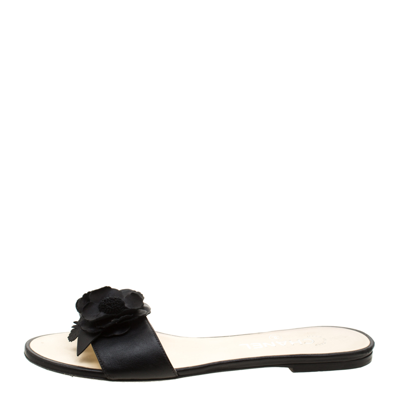 

Chanel Black Camellia Embellished Leather Slide Size