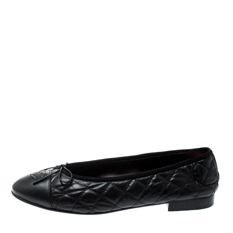 

Chanel Black Quilted Leather Bow Detail CC Cap Toe Ballet Flats Size