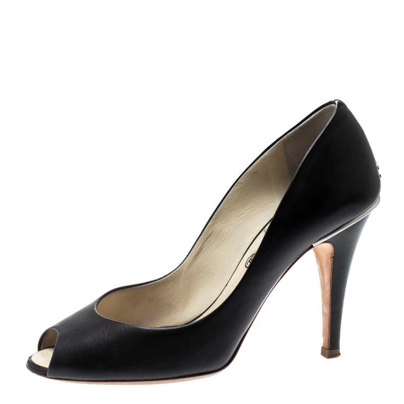 

Chanel Black Leather Peep Toe CC Pumps Size