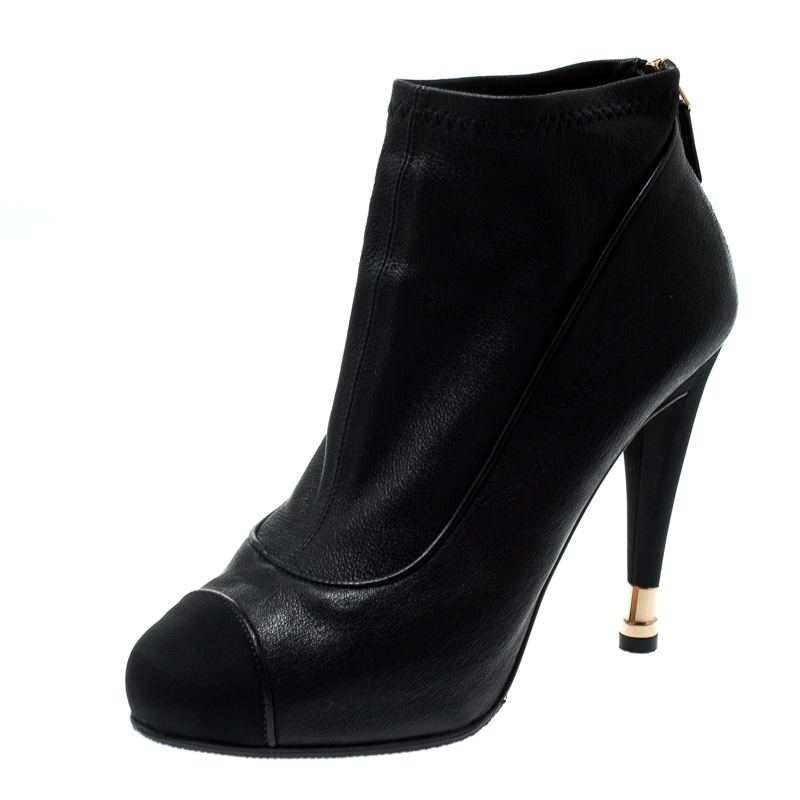 Chanel Black Leather And Fabric Cap Toe CC Ankle Boots Size 37.5
