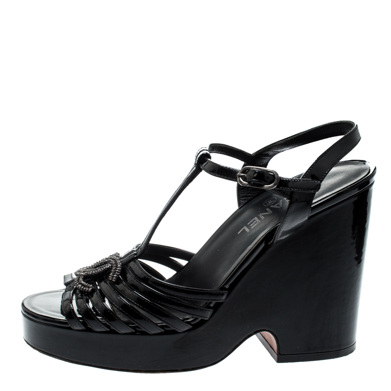 

Chanel Black Patent Leather T-Strap CC Logo Wedge Platform Sandals Size