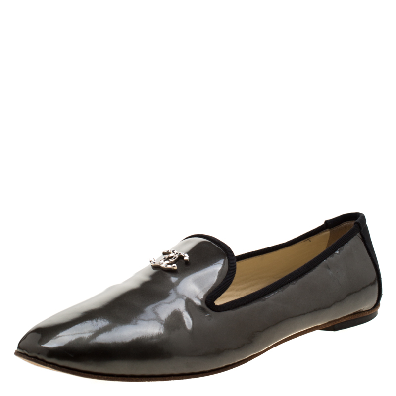 Pre Owned Chanel Metallic Green CC Embellished Loafers Size 39.5 