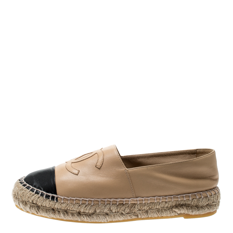 

Chanel Beige/Black Leather CC Cap Toe Espadrilles Size