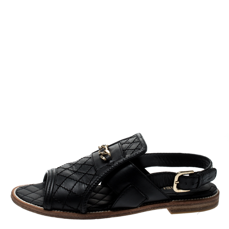 

Chanel Black Quilted Leather Chain Link Flat Sandals Size
