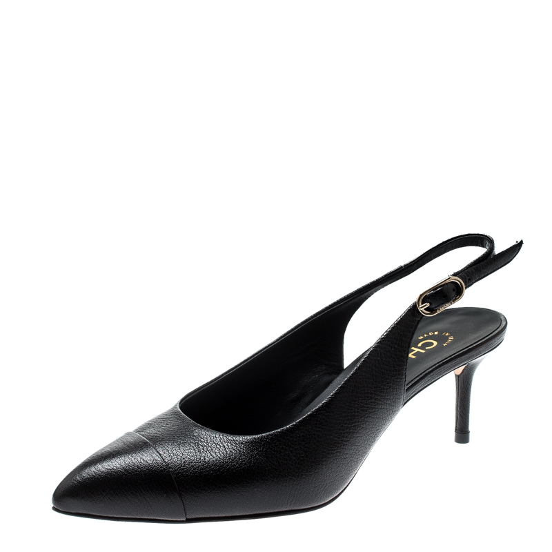 Chanel Black Leather CC Pointed Toe Slingback Sandals Size 36.5