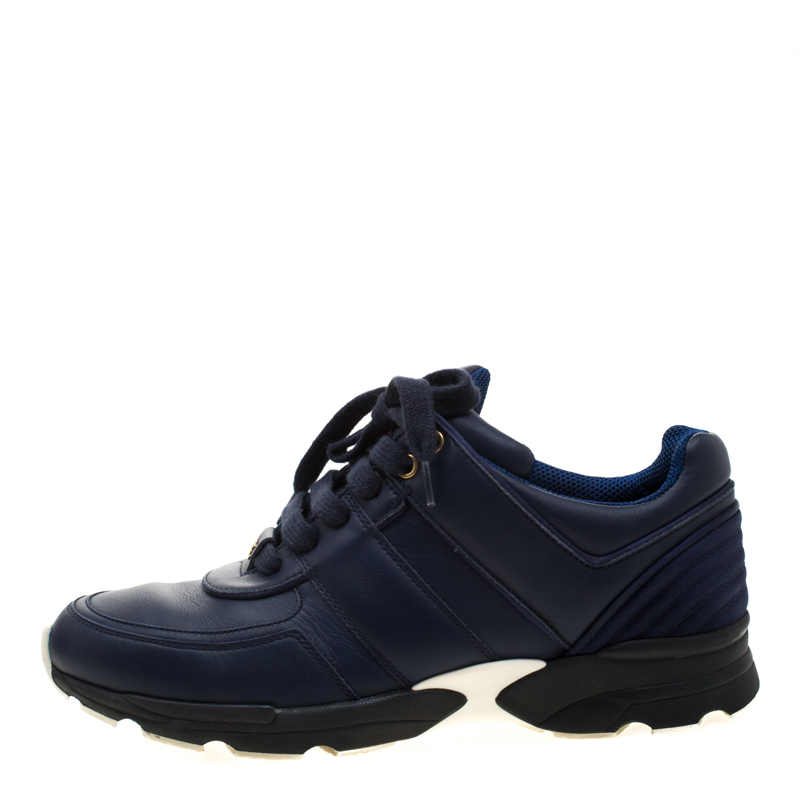 

Chanel Blue Leather CC Lace Up Sneakers Size
