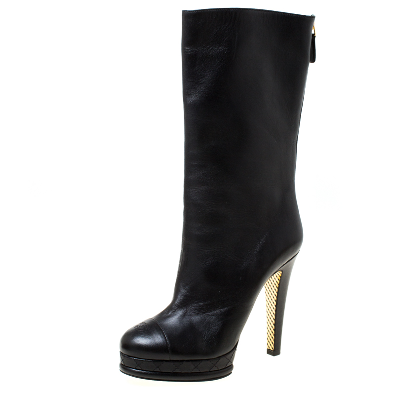 Chanel Black Leather CC Cap Toe Mid Calf Platform Boots Size 38.5