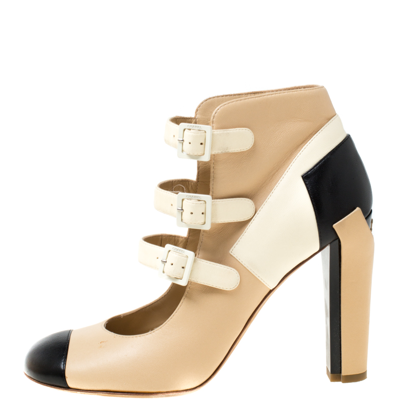 

Chanel Tricolor Leather Strappy Ankle Boots Size, Beige