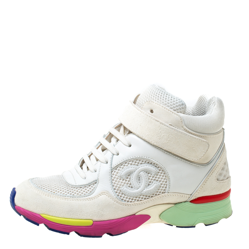

Chanel White Leather and Fabric Lace Up High Top Sneakers Size