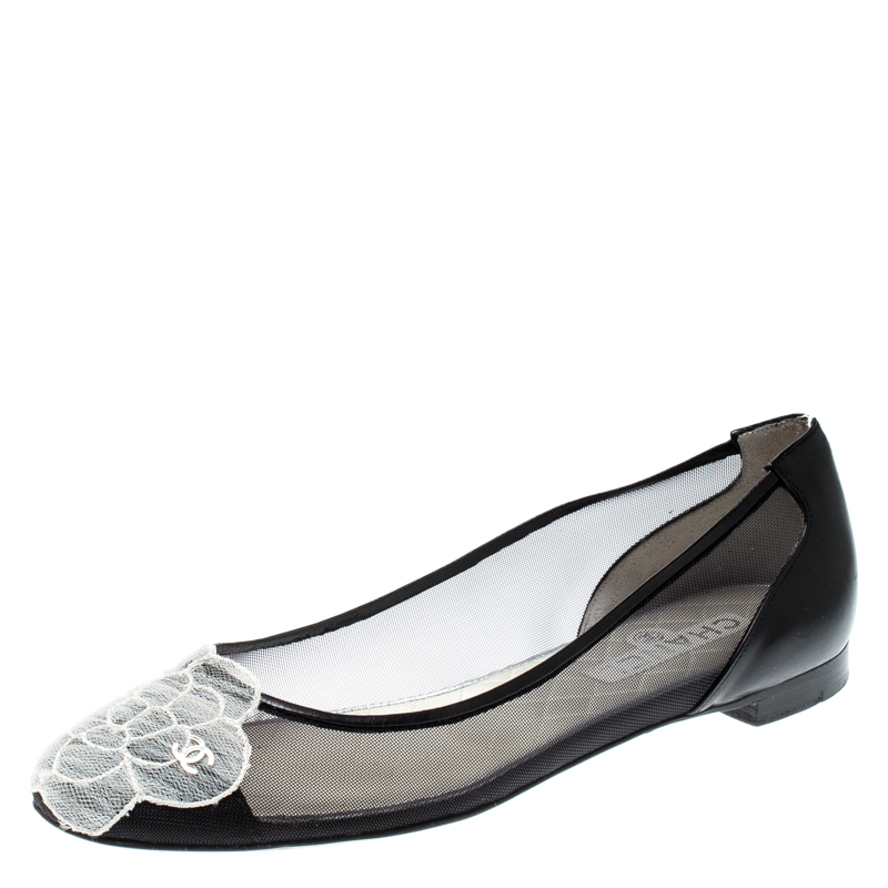 Pre Owned Chanel Black Camellia Cap Toe Mesh and Leather Ballet Flats Size 37
