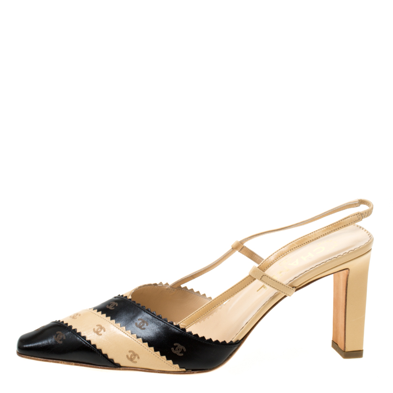 

Chanel Cream/Black CC Leather Pointed Toe Slingback Sandals Size