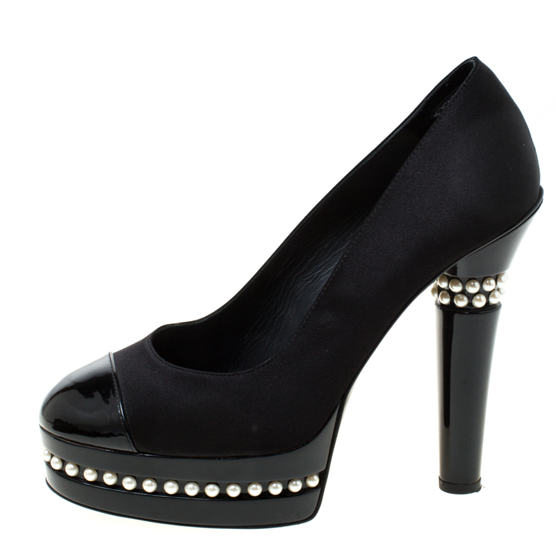 

Chanel Black Satin and Patent Leather Cap Toe Pearl Platform Pumps Size