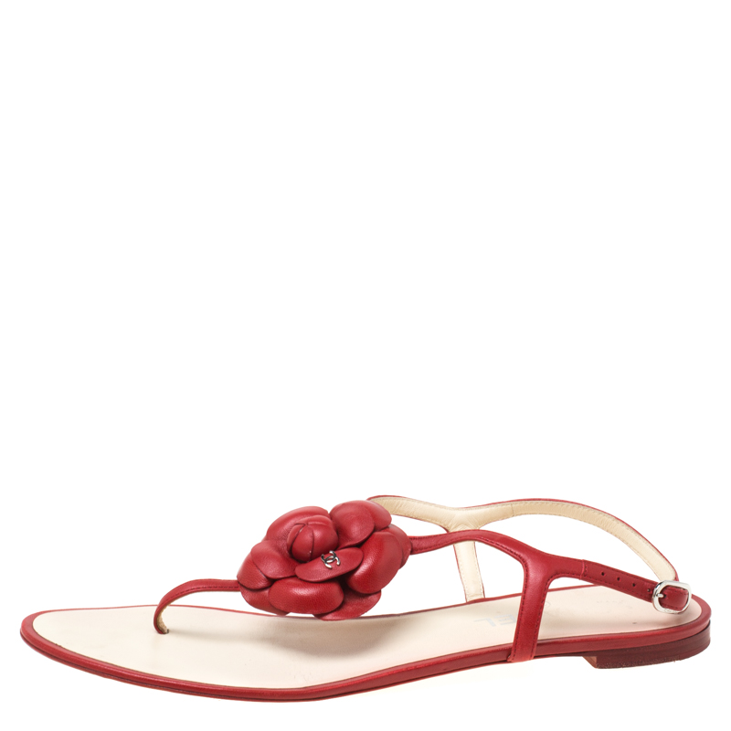 

Chanel Red Leather Camellia Flat Thong Sandals Size