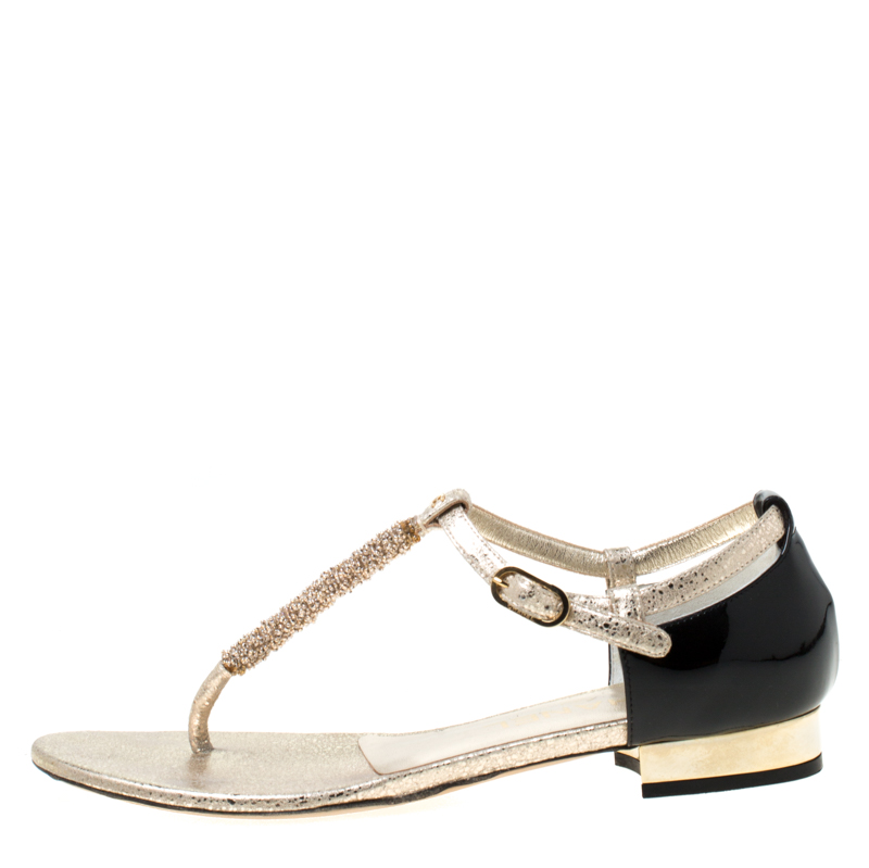 

Chanel Black Patent Leather And Metallic Gold Bead Embellished T Strap Flat Sandals Size