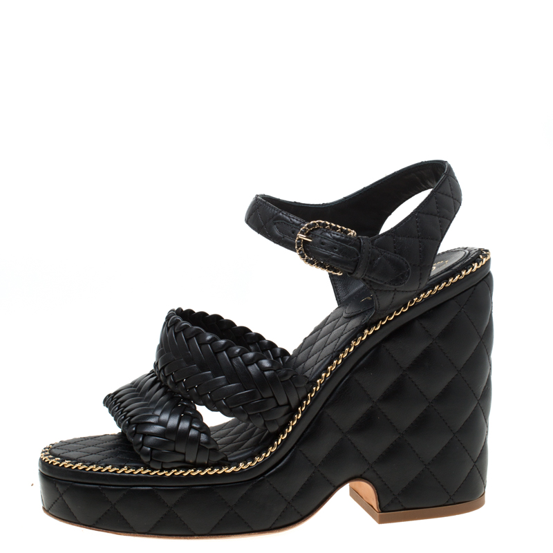 

Chanel Black Quilted Leather Wedge Platform Sandals Size