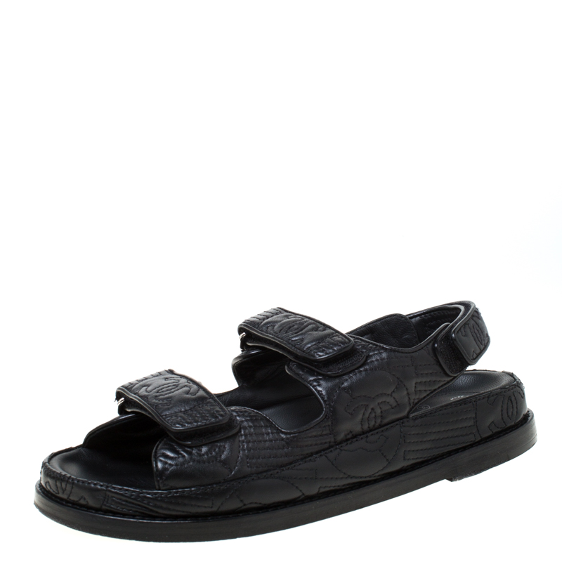 Pre Owned Chanel Black Embroidered Leather CC Velcro Flat Sandals Size 37.5