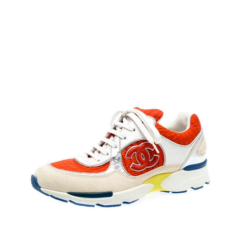 Pre Owned Chanel Multicolor Nylon And Leather CC Logo Lace Up Sneakers Size 37.5