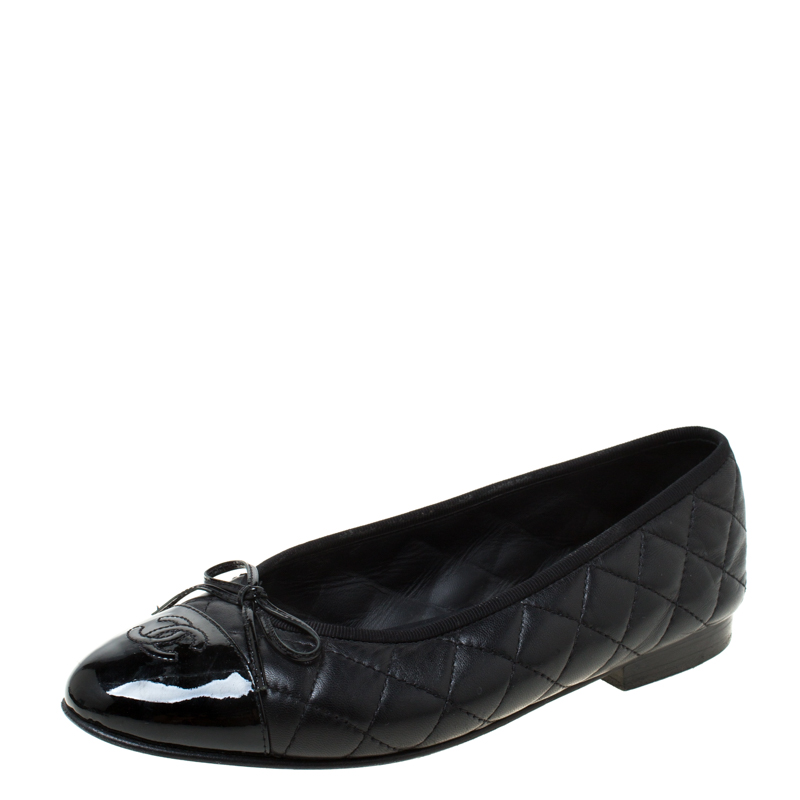 Pre Owned Chanel Black Quilted Leather CC Cap Toe Bow Detail Flats Size 38