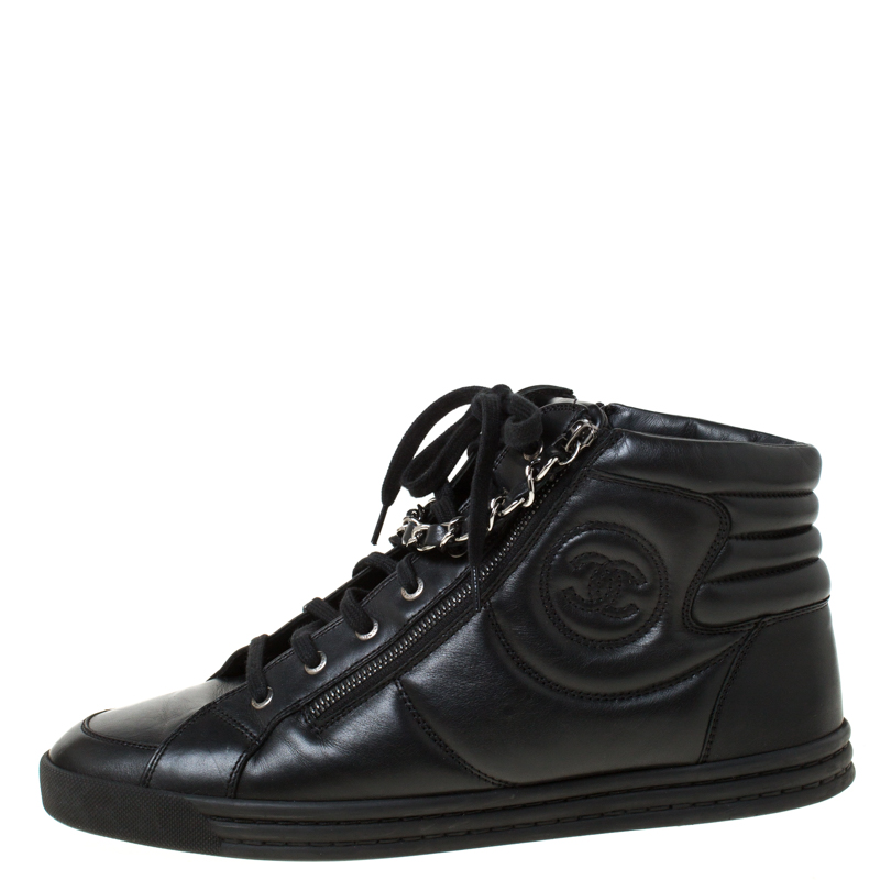 

Chanel Black Leather CC Double Zip Accent High Top Sneakers Size