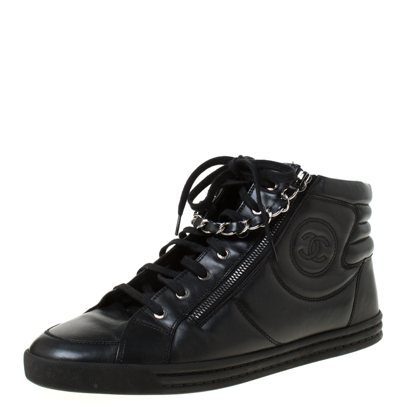 Chanel Black Leather CC Double Zip Accent High Top Sneakers Size 43