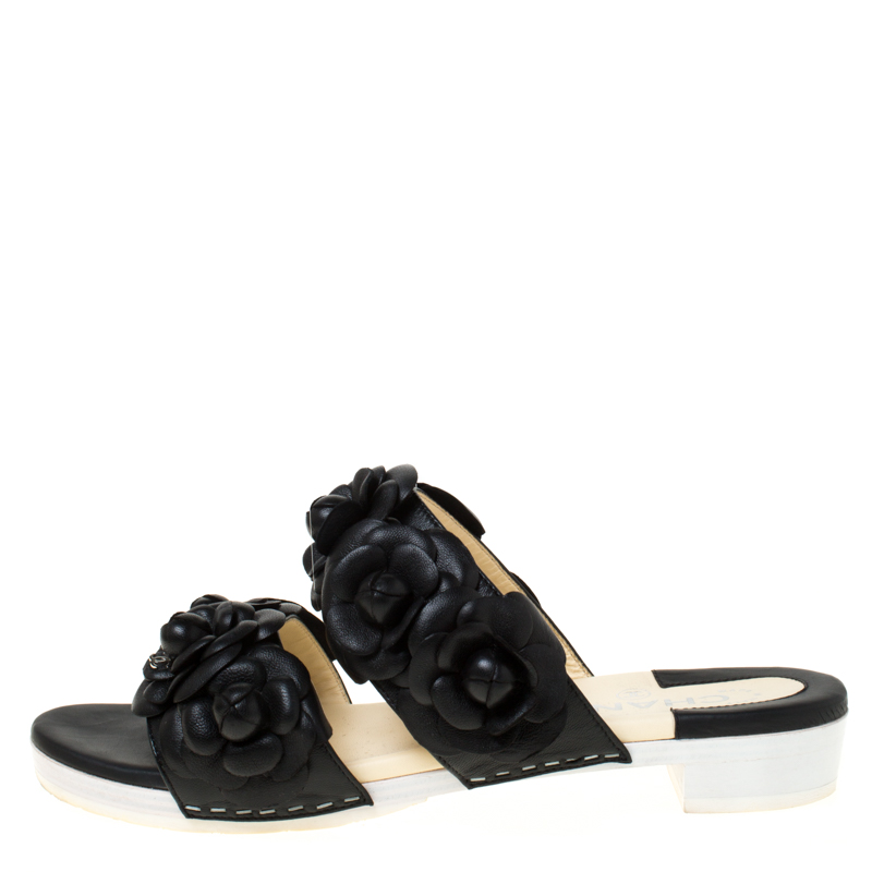 

Chanel Black Camellia Leather Double Strap Slide Flats Size