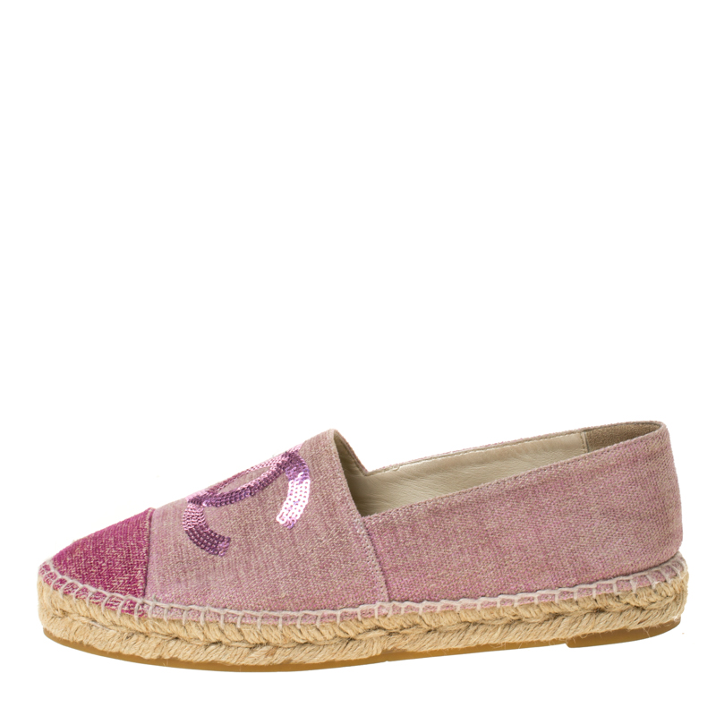 

Chanel Pink Canvas Sequins CC Espadrilles Size