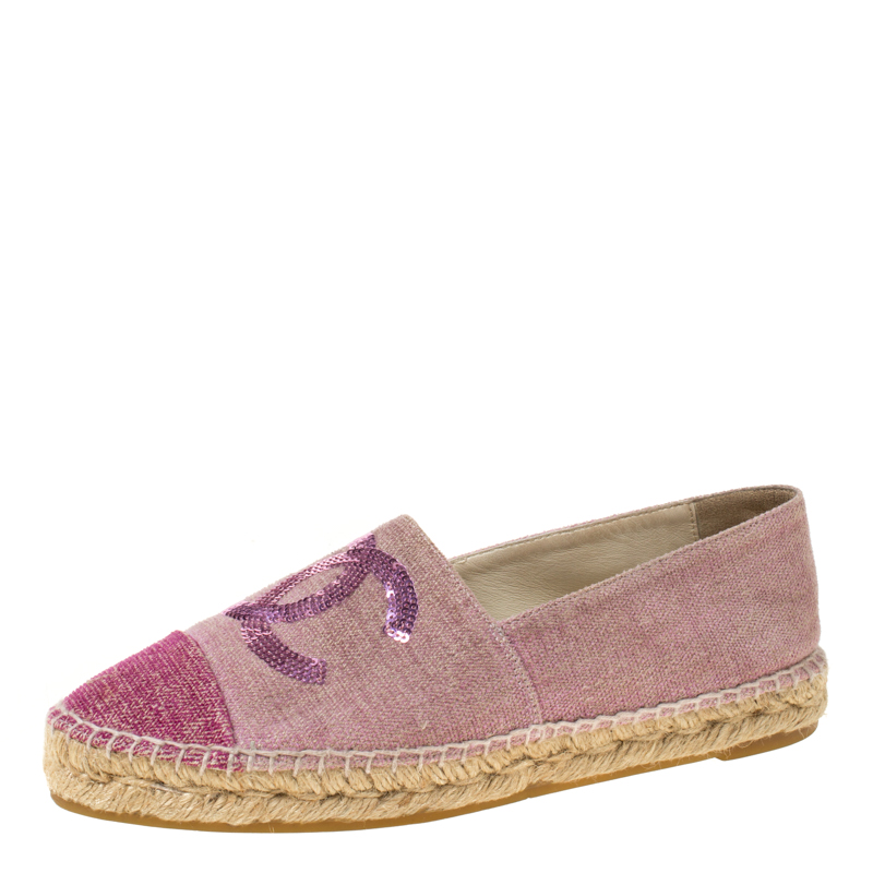 Pre Owned Chanel Pink Canvas Sequins CC Espadrilles Size 38