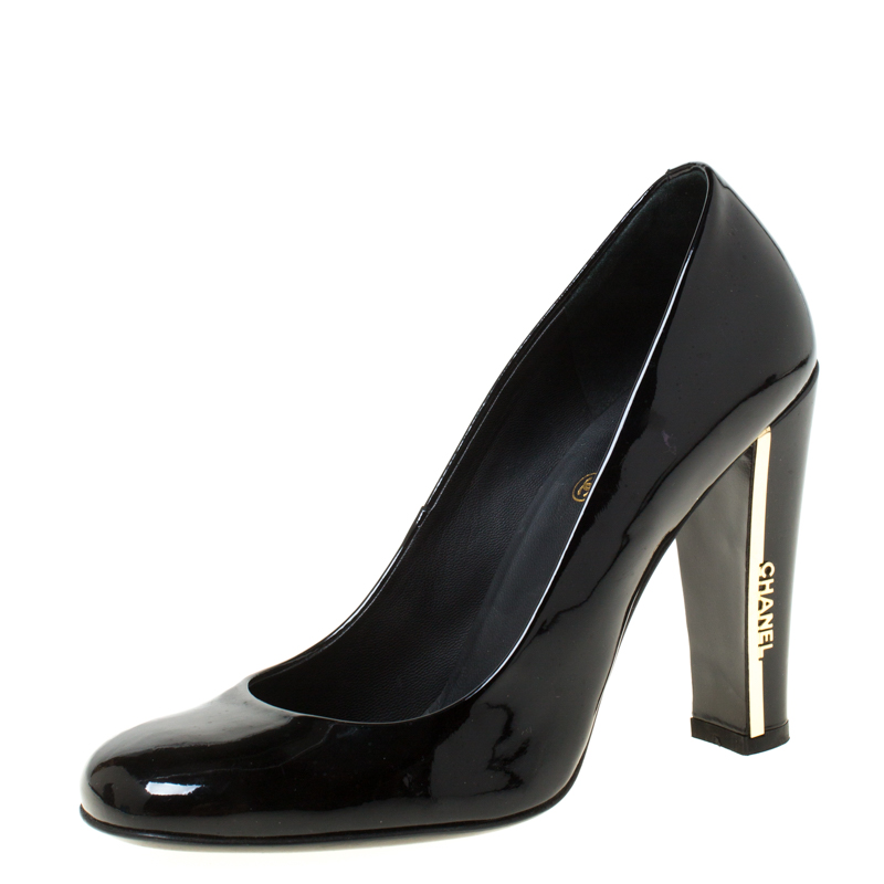 Pre Owned Chanel Black Patent Leather Logo Heel Pumps Size 36