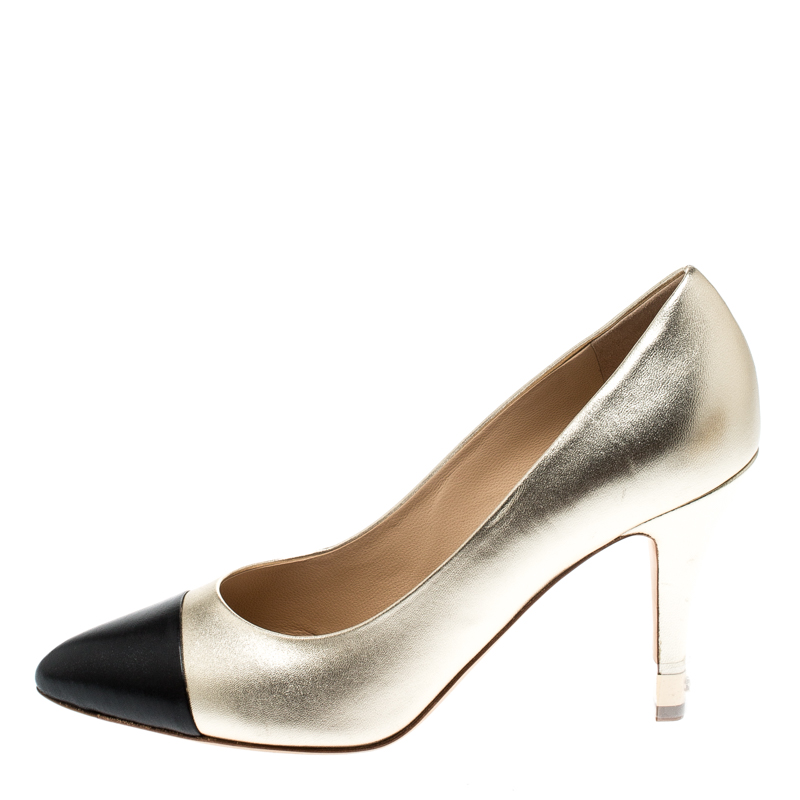 

Chanel Gold Metallic/Black Leather Escarpins Cap Toe Pumps Size