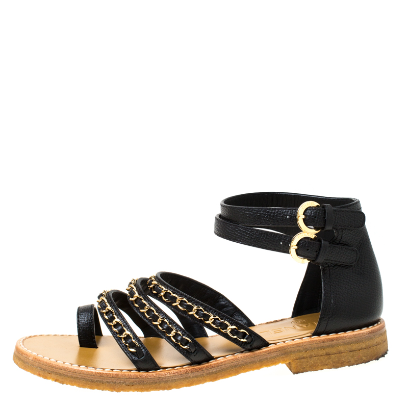 

Chanel Black Leather Strappy Chain Flat Sandals Size 38