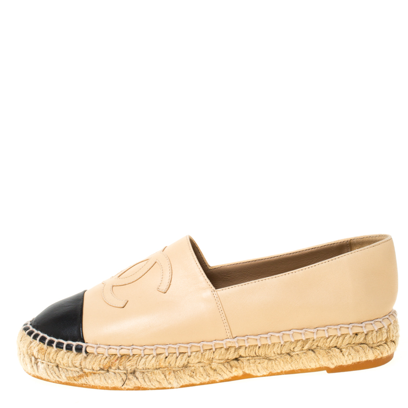 

Chanel Beige/Black Leather CC Cap Toe Espadrilles Size