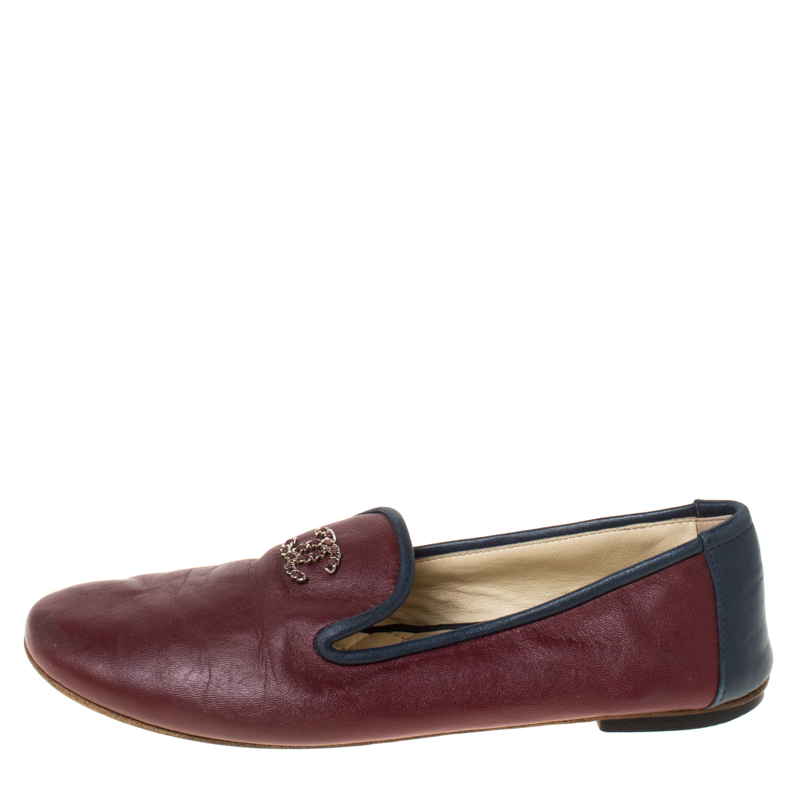 

Chanel Burgundy Leather CC Slip On Loafers Size