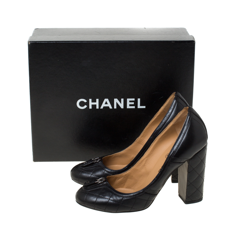 Chanel Black Quilted Leather Zip Detail Block Heel Pumps Size 37.5