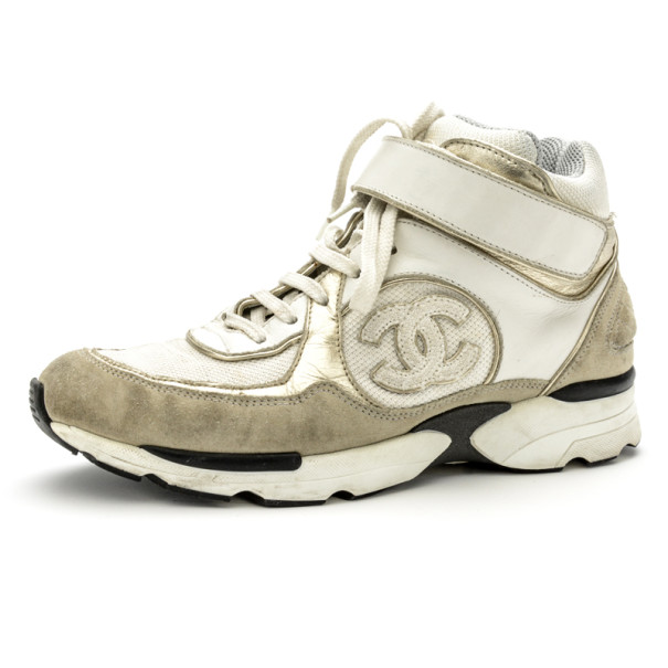 Chanel White &amp; Gold CC High Top Sneakers Size 36.5