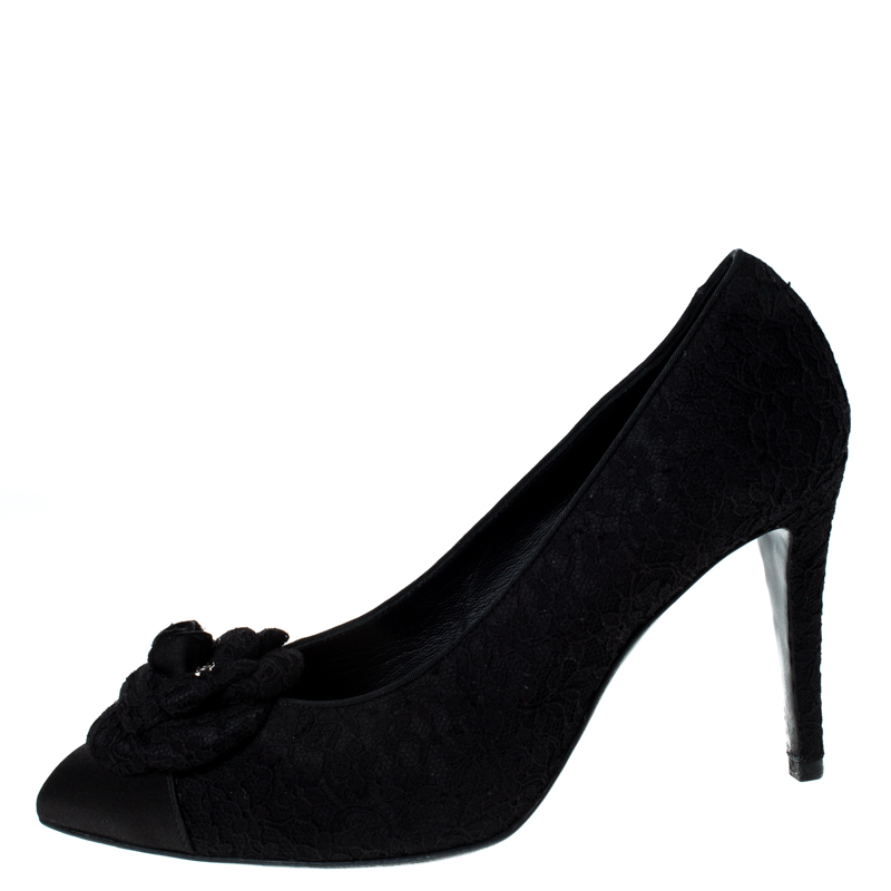 

Chanel Black Lace/Satin Camellia Flower Pumps Size